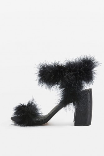 Topshop ROMANCE Faux Fur Sandals / fluffy black block heeled sandal