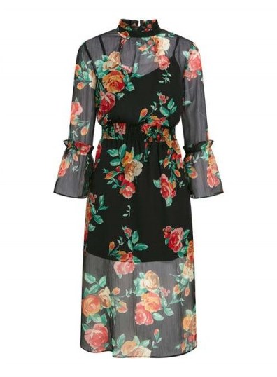 Miss Selfridge Rose Print Midi Skater Dress / floral semi sheer high neck dresses - flipped