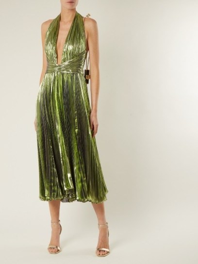 MARIA LUCIA HOHAN Ryna halterneck pleated lamé midi dress ~ metallic lime-green plunge front dresses - flipped