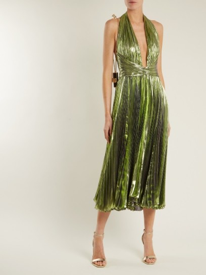 MARIA LUCIA HOHAN Ryna halterneck pleated lamé midi dress ~ metallic lime-green plunge front dresses