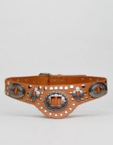 Sacred Hawk Waist Belt With Western Embellishment / tan faux leather belts