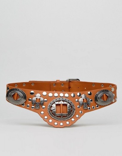 Sacred Hawk Waist Belt With Western Embellishment / tan faux leather belts - flipped