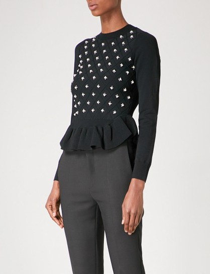 SANDRO Faux-pearl detail knitted jumper | black peplum hem jumpers | luxe knitwear - flipped