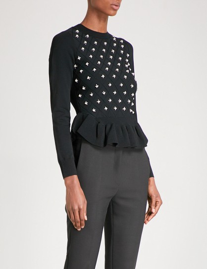 SANDRO Faux-pearl detail knitted jumper | black peplum hem jumpers | luxe knitwear