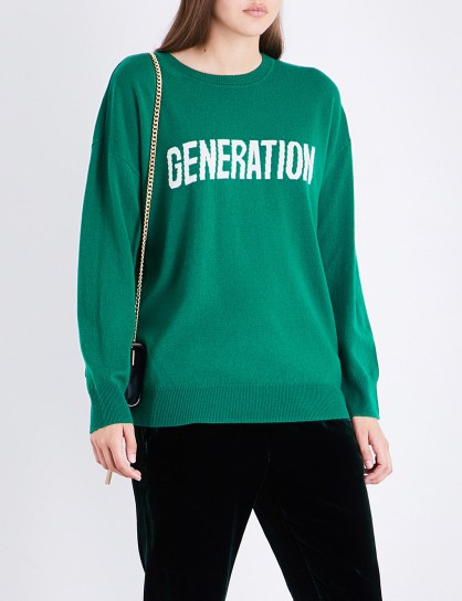 SANDRO Generation wool and cashmere-blend jumper / green slogan jumpers