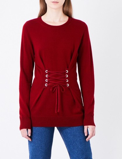 SANDRO Lace-up front wool and cashmere-blend jumper ~ garnet-red corset jumpers - flipped