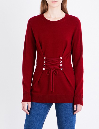 SANDRO Lace-up front wool and cashmere-blend jumper ~ garnet-red corset jumpers