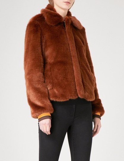SANDRO Striped-trim faux-fur jacket / brown winter jackets - flipped