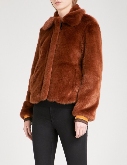 SANDRO Striped-trim faux-fur jacket / brown winter jackets