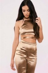 SARAH ASHCROFT GOLD STRETCH SATIN TIE BACK CROP TOP | strappy tops