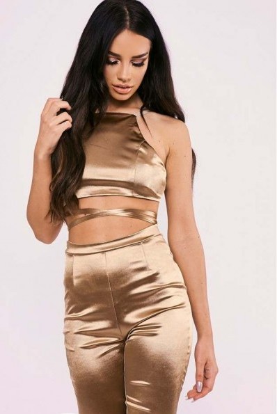 SARAH ASHCROFT GOLD STRETCH SATIN TIE BACK CROP TOP | strappy tops - flipped