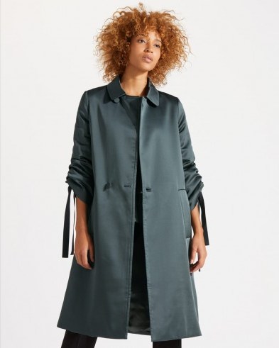 JIGSAW SATIN A-LINE COAT / dark green ruched sleeved coats - flipped