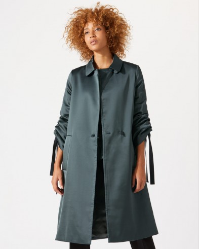 JIGSAW SATIN A-LINE COAT / dark green ruched sleeved coats