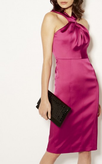 KAREN MILLEN SATIN HALTERNECK PENCIL DRESS – PINK 2 / luxury halter dresses