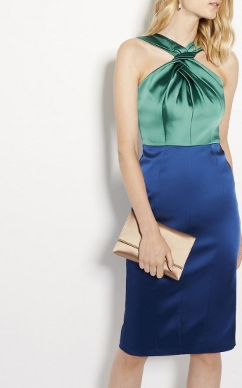 Love this colour combo too! KAREN MILLEN SATIN HALTERNECK PENCIL DRESS – GREEN/MULTI - flipped