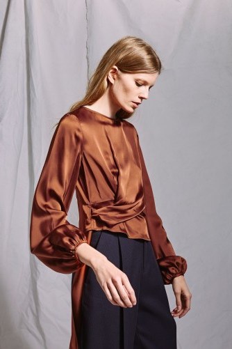 Topshop Satin Tuck Blouse by Boutique | silky chocolate-brown blouses - flipped