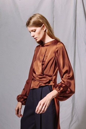 Topshop Satin Tuck Blouse by Boutique | silky chocolate-brown blouses
