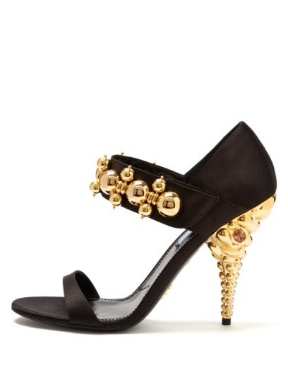 PRADA Sculptured-heel satin sandals ~ black and gold tone statement shoes - flipped