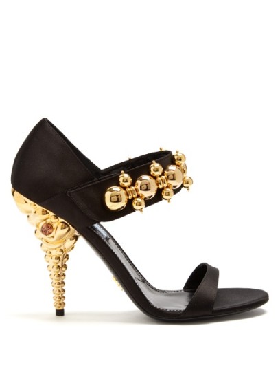 PRADA Sculptured-heel satin sandals ~ black and gold tone statement shoes