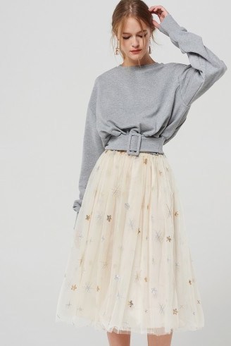 STORETS Selena Mesh Star Embroidered Skirt | beige tulle skirts - flipped