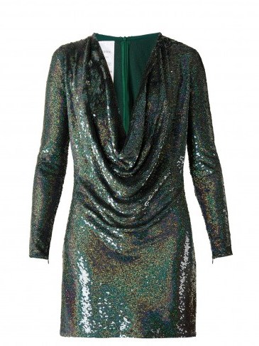 ASHISH Sequin-embellished draped-front silk mini dress ~ green sequined cowl neck dresses - flipped