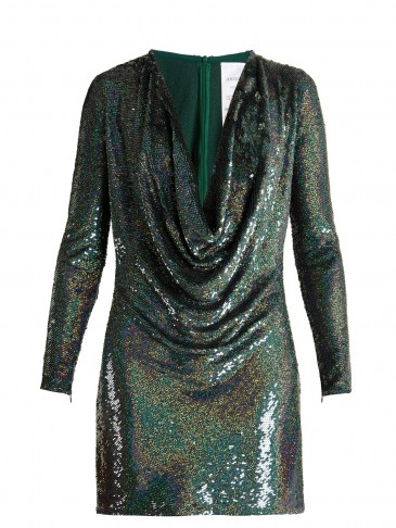 ASHISH Sequin-embellished draped-front silk mini dress ~ green sequined cowl neck dresses