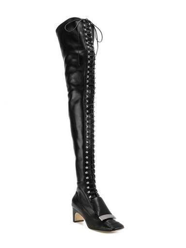SERGIO ROSSI lace-up thigh high boots / black leather over the knee boot