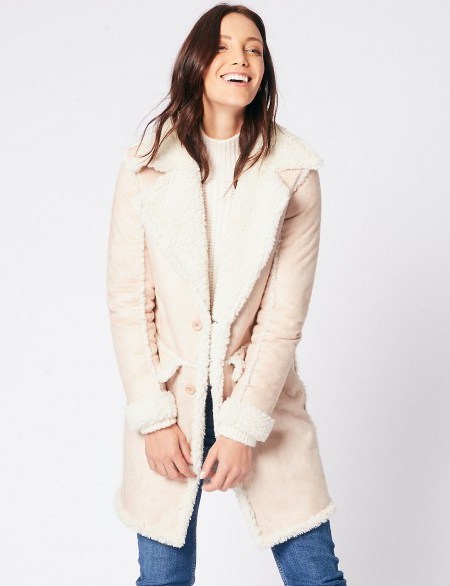 M&S COLLECTION Shearling Coat Pale Pink ~ luxe style winter coats ~ Marks and Spencer outerwear - flipped