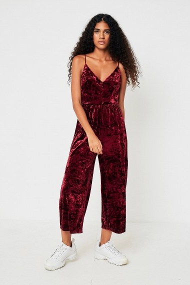 Silence + Noise Molly Velvet Jumpsuit | maroon-red strappy jumpsuits - flipped