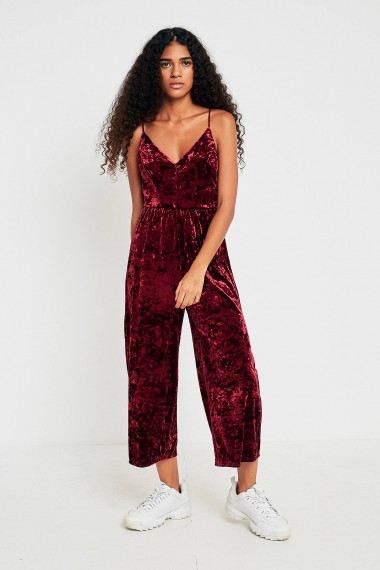 Silence + Noise Molly Velvet Jumpsuit | maroon-red strappy jumpsuits