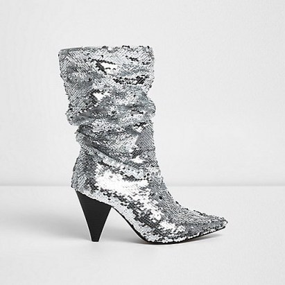 River Island Silver sequin cone heel boots - flipped