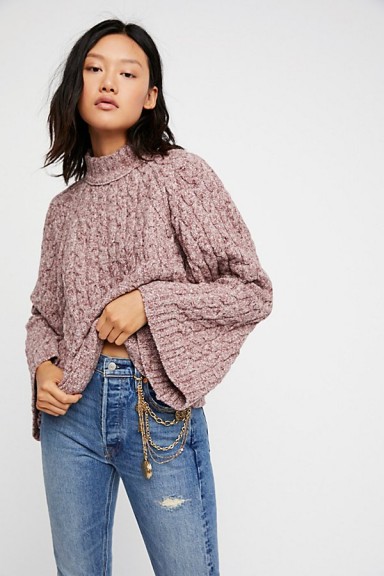 Free People Snow Bird Pullover in Deep Berry Heather | wide sleeve cable knit sweaters