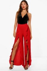 boohoo Sophie Split And Ruffle Detail Wide Leg Trouser #trousers #evening #ruffled #front #slit #red