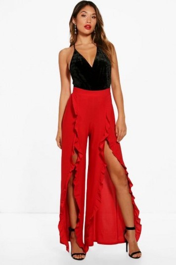 boohoo Sophie Split And Ruffle Detail Wide Leg Trouser #trousers #evening #ruffled #front #slit #red - flipped