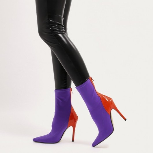PUBLIC DESIRE STAPLE POINTY CONTRAST SOCK BOOTS IN PURPLE STRETCH AND ORANGE PATENT | colour block booties - flipped