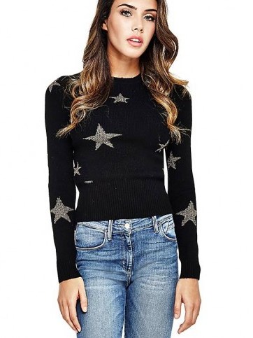 GUESS STAR EMBROIDERED SWEATER | black crew neck sweaters - flipped