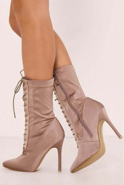 IN THE STYLE STASSI NUDE LACE UP HEELED SOCK BOOTS - flipped