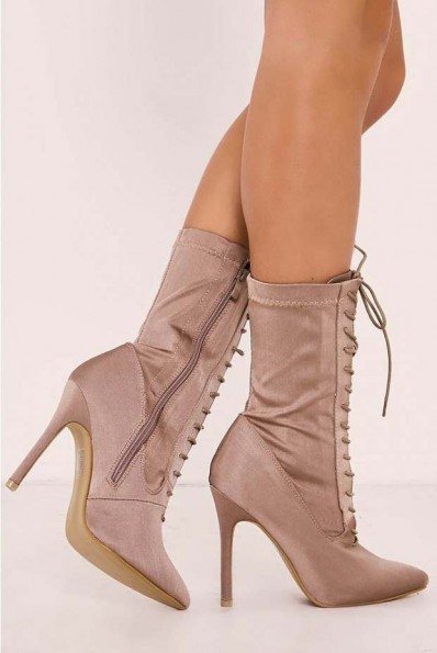 IN THE STYLE STASSI NUDE LACE UP HEELED SOCK BOOTS