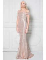 Stephanie Pratt Champagne Bardot Sequin Maxi Dress with Bow Detail – sequinned off the shoulder evening dresses – statement occasion gowns