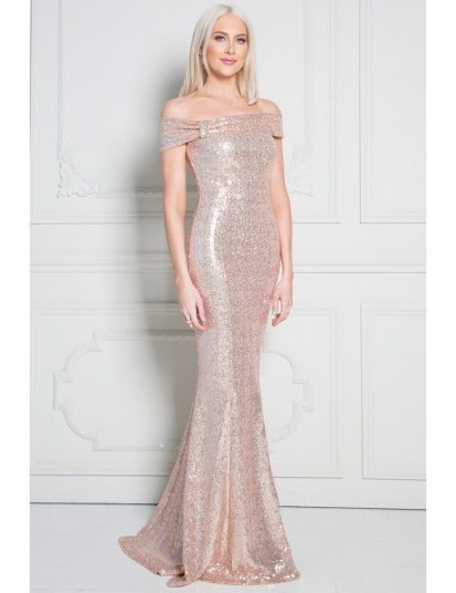 Stephanie Pratt Champagne Bardot Sequin Maxi Dress with Bow Detail – sequinned off the shoulder evening dresses – statement occasion gowns - flipped