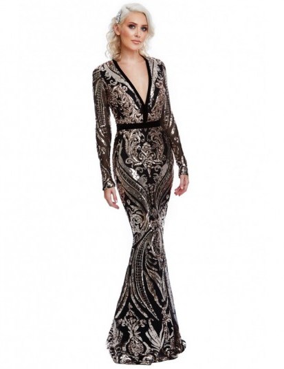 Stephanie Pratt – Deep V Neck Sequin Embroidered Maxi Dress – Champagne - flipped