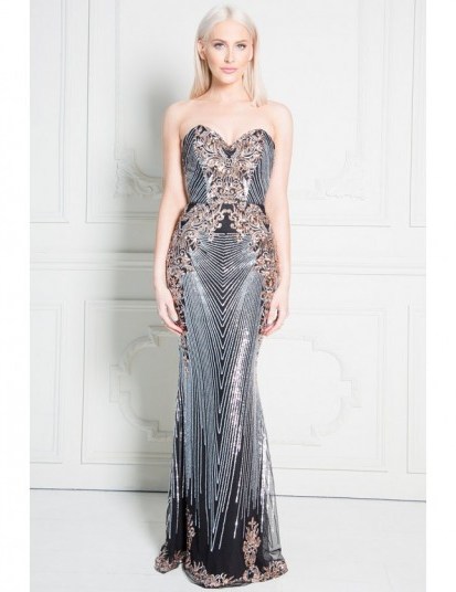 Stephanie Pratt Sweetheart Neckline Sequin Embroidered Maxi Dress – black strapless sequinned evening dresses – glamorous occasion wear - flipped
