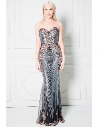 Stephanie Pratt Sweetheart Neckline Sequin Embroidered Maxi Dress – black strapless sequinned evening dresses – glamorous occasion wear