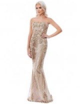Stephanie Pratt Gold Sweetheart Neckline Sequin Embroidered Maxi Dress – glamorous strapless evening dresses