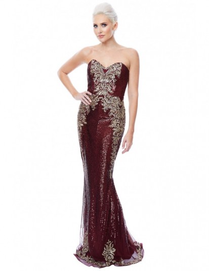 Stephanie Pratt Sweetheart Neckline Sequin Embroidered Maxi Dress in Wine – glamorous dark red occasion dresses – evening glamour