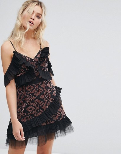 Stevie May Velvet Applique Mesh Mini Dress With Contrast Pleat Frills – ruffle trim party dresses