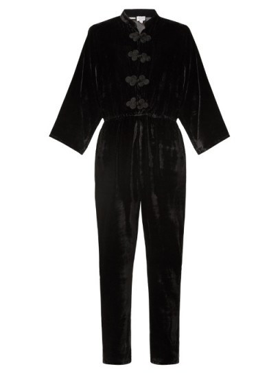 RHODE RESORT Stevie tie-waist velvet jumpsuit ~ black mandarin collar jumpsuits ~ luxe style - flipped