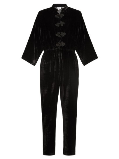 RHODE RESORT Stevie tie-waist velvet jumpsuit ~ black mandarin collar jumpsuits ~ luxe style