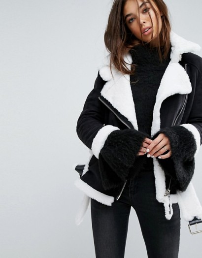 Story Of Lola Faux Shearling Jacket With Contrast Seams – monochrome winter jackets