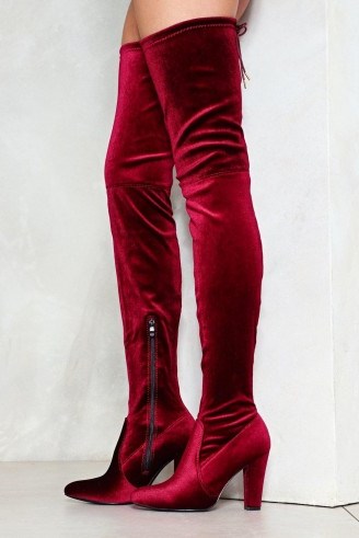 Nasty Gal Strike It Rich Over-the-Knee Velvet Boot ~ wine-red boots - flipped